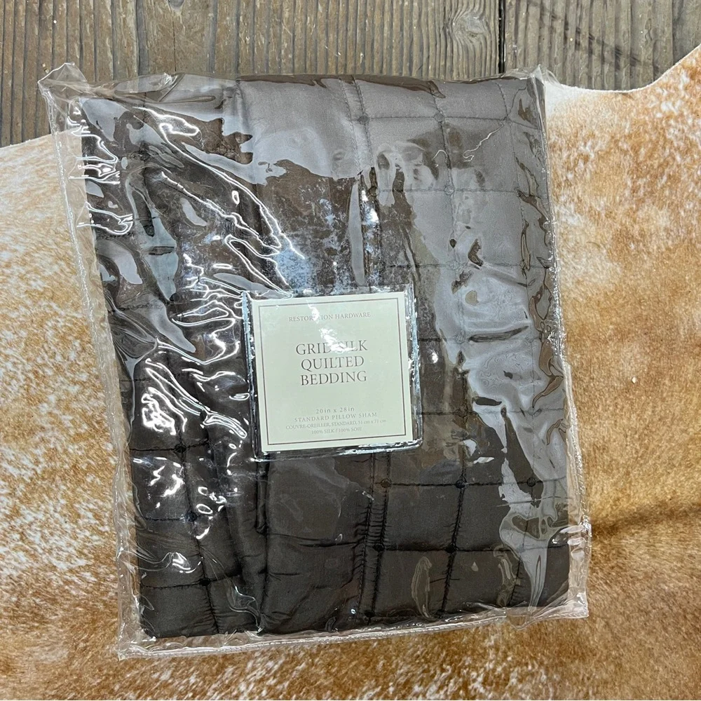 Restoration Hardware Brown Grid Silk Quilted Standard Sham NWT